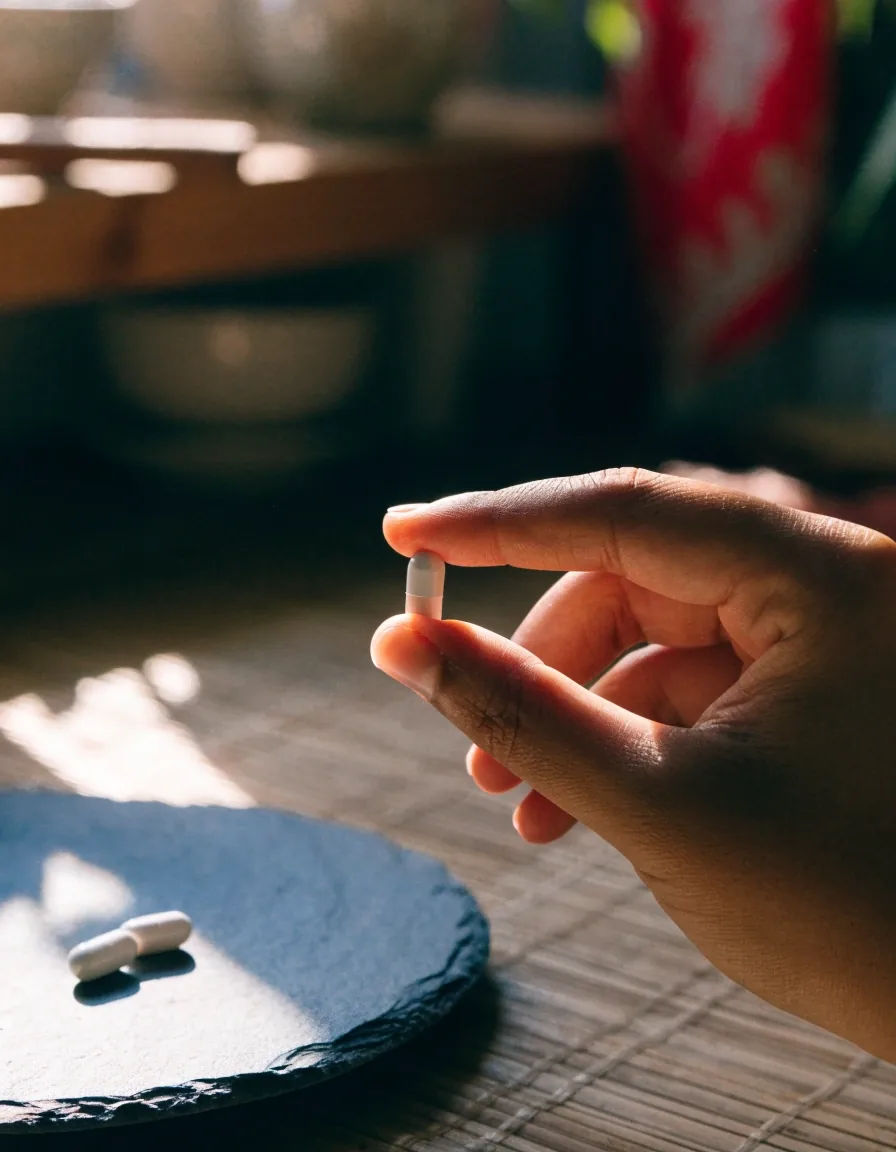 A hand holding a plain unbranded capsule over a slate tray with two capsules resting on it