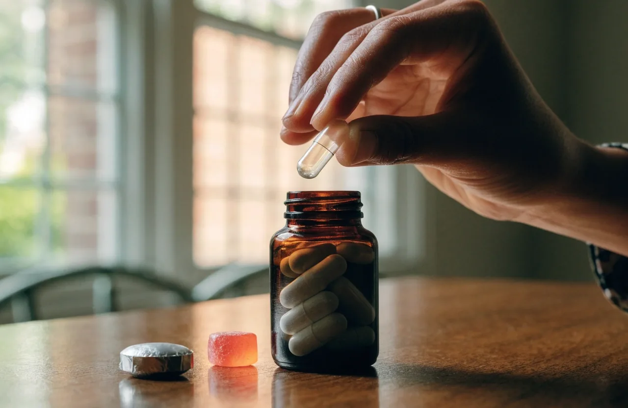 Capsule, coated tablet, and gummy cube arranged in a row on a dark slate bench