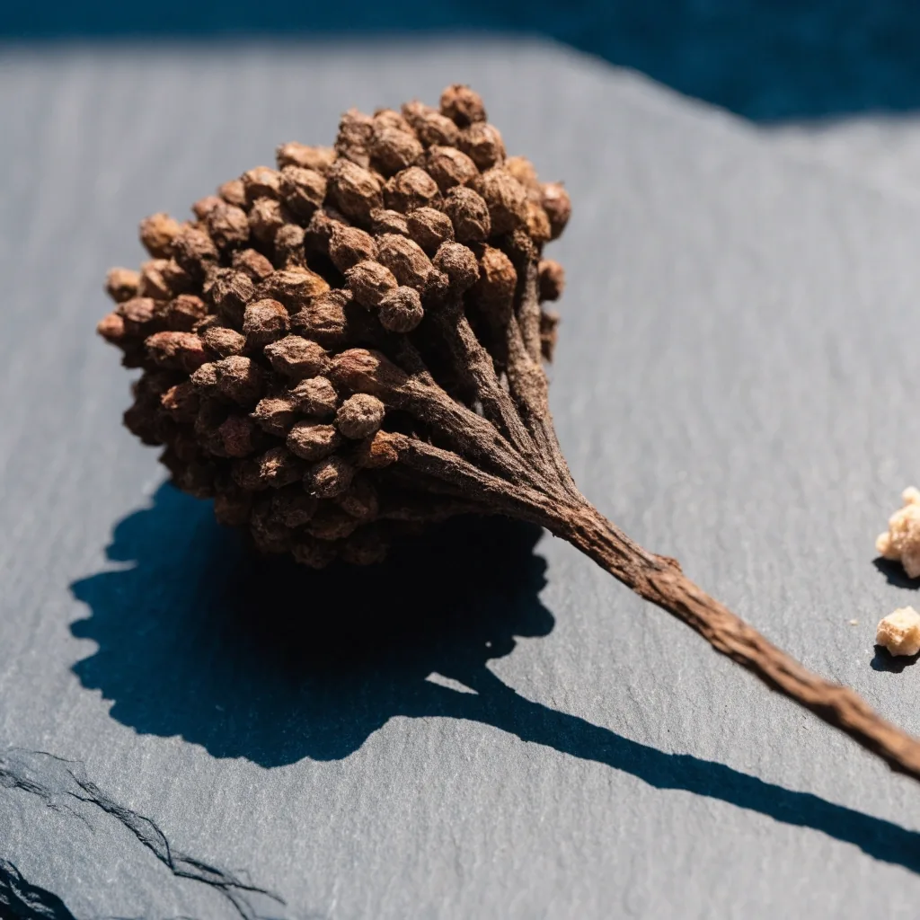 Macro of a dried botanical berry cluster on matte slate