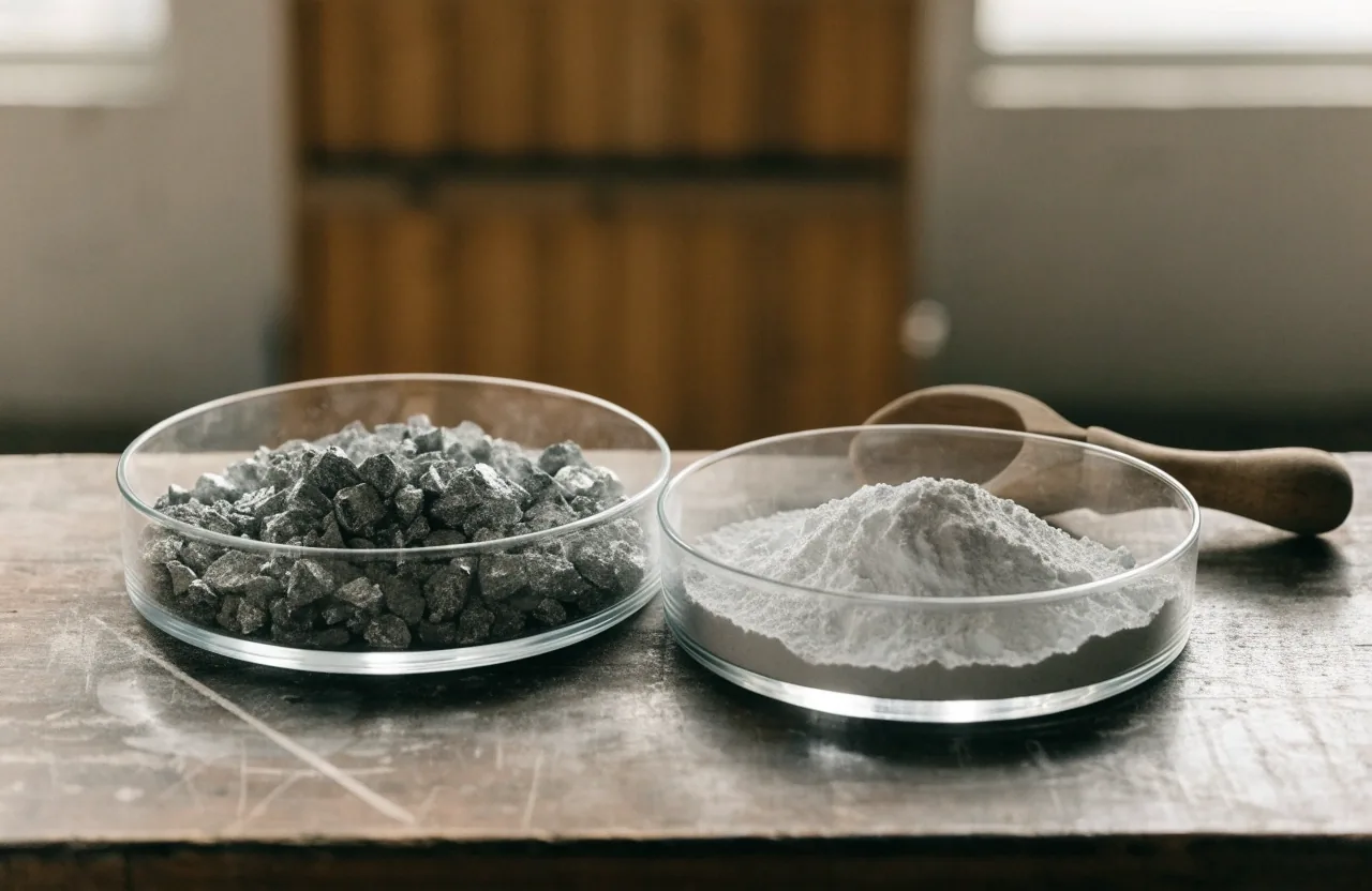 Coarse mineral salt crystals beside a matte glass jar of powder on slate