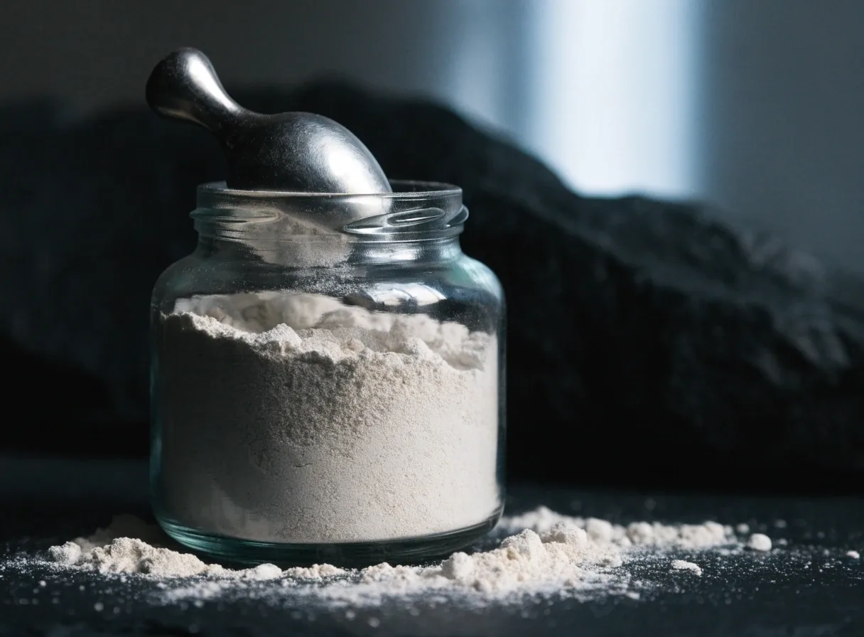 Open glass jar of mineral powder with a scoop on dark slate