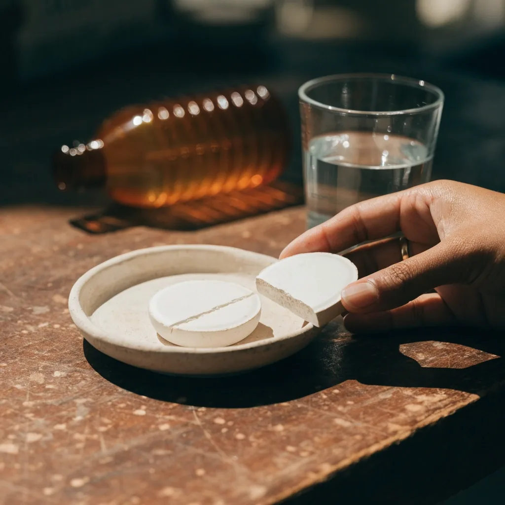 Two coated tablets edge-to-edge on dark slate