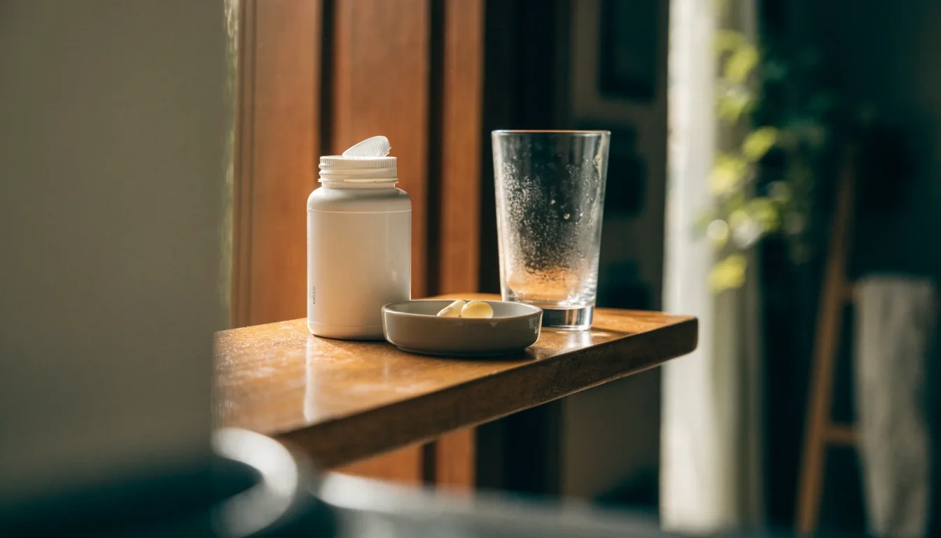 A jar of capsules on a dark slate sill in low morning light