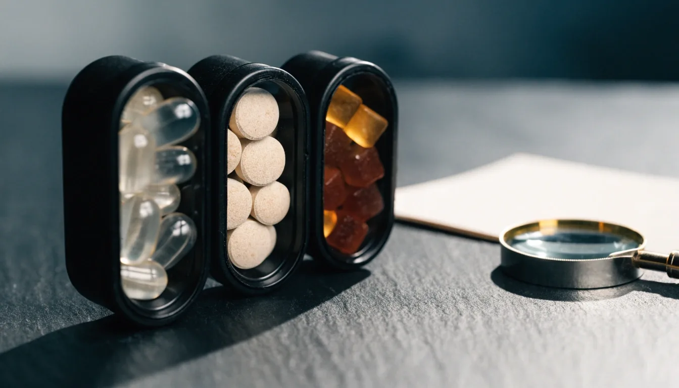 Three matte capsule trays with different supplement formats arranged on a dark studio bench